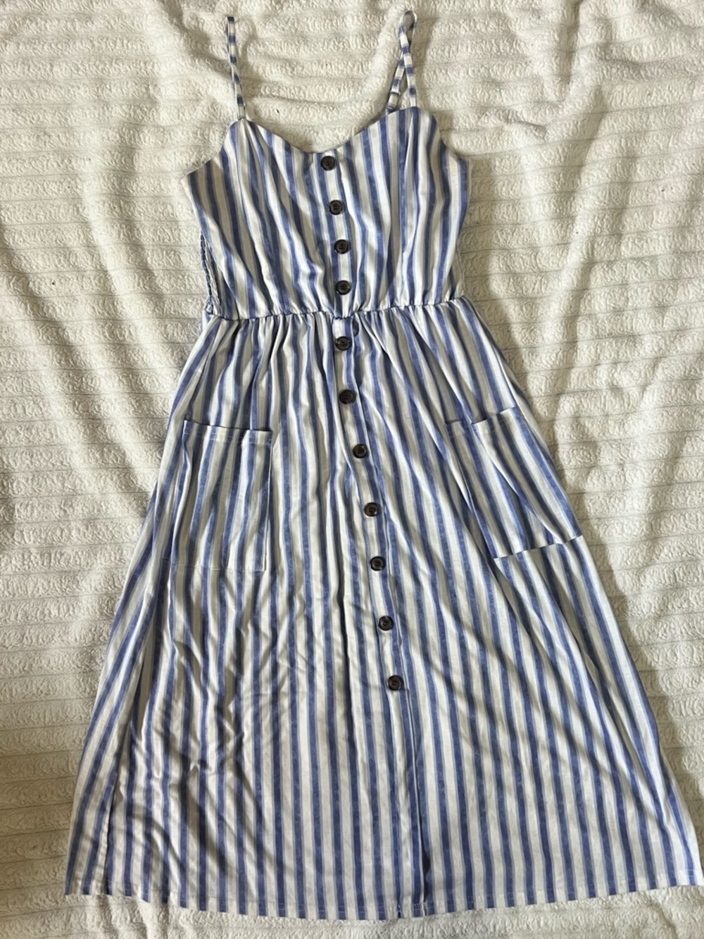 Blue and White Striped Button-Front Midi Dress